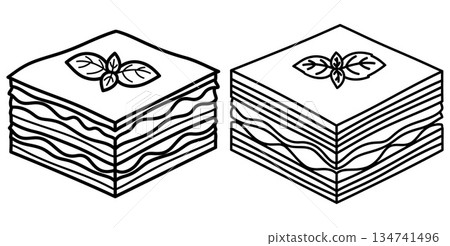 Two isometric lasagna slices topped with basil leaves, line art 134741496