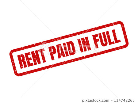 Textured rectangular rubber stamp with bold lettering confirming rent paid in full for completion Textured rectangular rubber stamp with bold lettering confirming rent paid in full for completion 134742263