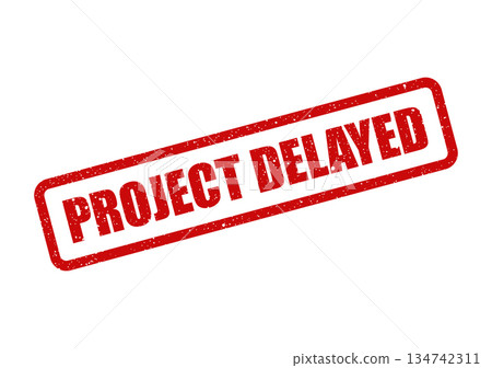 Warning red rectangular vintage stamp showcasing the important message project delayed indicating a project setback 134742311