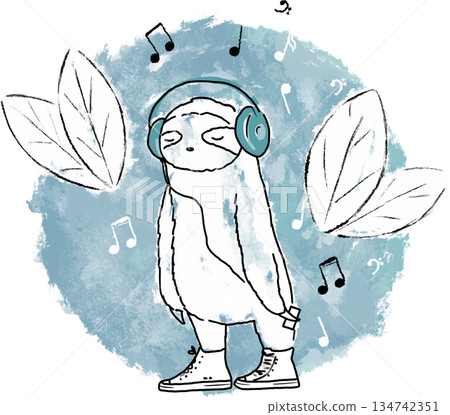 Cool sloth listening to the music in headphones, musical notes around, blue vintage background. Doodle cute sloth in sneakers hand drawn illustration. Music lover concept. Sloth lover art 134742351