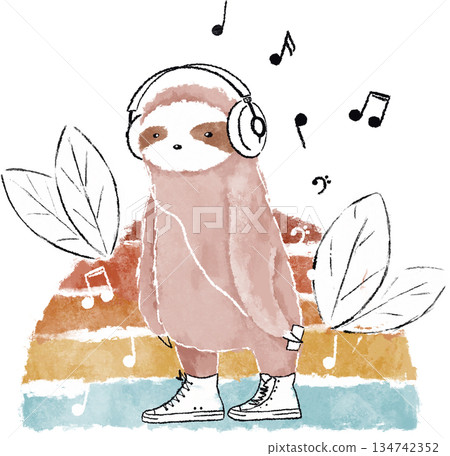 Cute pink sloth listening to the music art. Pink sloth in sneakers and headphones, tropical vintage art. Cool animals watercolor illustration Cute pink sloth listening to the music art. Pink sloth in sneakers and headphones, tropical vintage art. Cool animals watercolor illustration 134742352