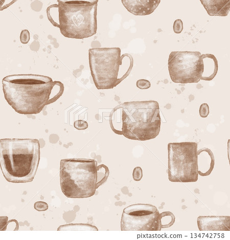 Coffee cups watercolor pattern. Coffee seamless pattern 134742758