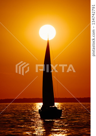 Sailing regatta in the Gulf of Finland at sunset, few sailing yachts competing in a race, splashing water from under the boats, teamwork, board the boat 134742791
