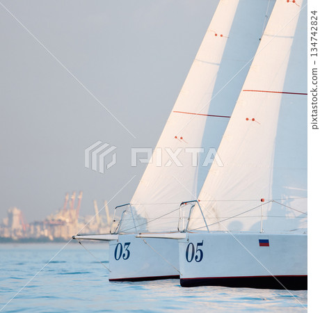 multiple sails at the sailing regatta in the Gulf of Finland, hot race of several yachts, nobody multiple sails at the sailing regatta in the Gulf of Finland, hot race of several yachts, nobody 134742824