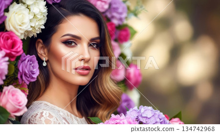Woman with makeup surrounded by colorful roses and hydrangea flowers, beauty and springtime concept.  134742968