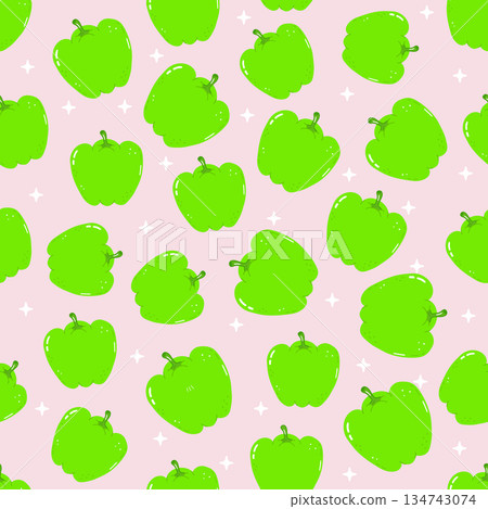 Green bell pepper cartoon seamless pattern on pink background Green bell pepper cartoon seamless pattern on pink background 134743074