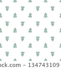 Seamless Pattern of small green Christmas Tree silhouettes. Watercolor illustration of a cute baby print. Hand drawn sketch on a white isolated background. Perfect for gift paper or fabric 134743109