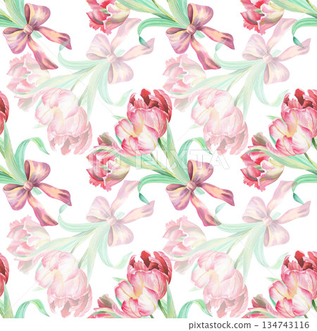 Seamless pattern of bouquet of tulips. Watercolor illustration. For fabric, wallpaper, packing paper, greeting cards, design, decoration and illustration. 134743116