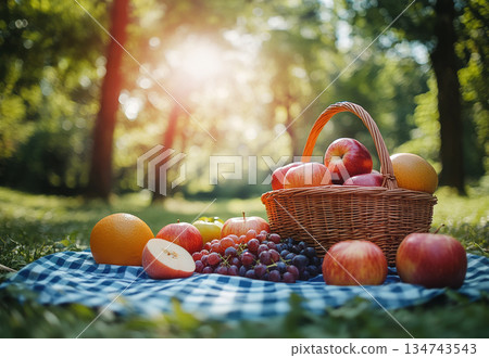 Wicker basket filled with fresh apples, grapes, and peaches placed on checkered tablecloth in sunlit autumn forest, symbolizing seasonal fruit harvest. 134743543