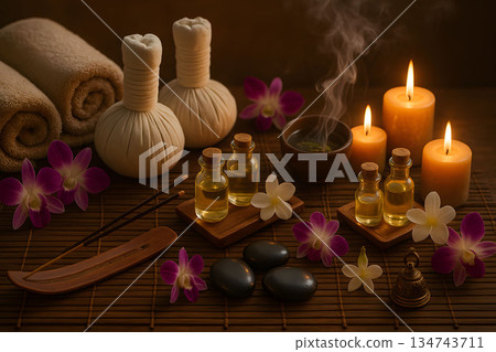 Luxury spa still life with aromatic oils, candles, and massage stamps. Luxury spa still life with aromatic oils, candles, and massage stamps. 134743711