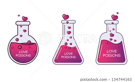 Assortment of Three Chemical Flasks Holding Love Poisons Elixir and Floating Heart Bubbles 134744163