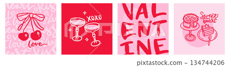 Trendy concept of Valentine s Day cards. Flat vector minimalist posters with typography design, heart, cherries, glasses, cake for Valentine s Day party, banner, ads, branding, cover, sale. Trendy concept of Valentine s Day cards. Flat vector minimalist posters with typography design, heart, cherries, glasses, cake for Valentine s Day party, banner, ads, branding, cover, sale. 134744206
