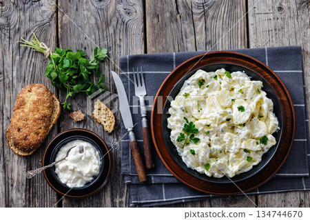 German potato salad in a bowl, top view 134744670