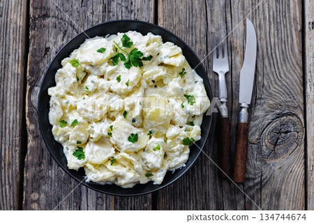 German potato salad in a bowl, top view German potato salad in a bowl, top view 134744674