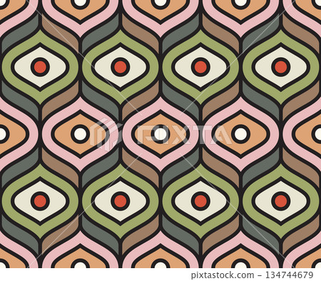 Retro Seamless Pattern with Mid-Century Geometric Ogee Shapes and Vintage Earth Tones. Vector illustration 134744679
