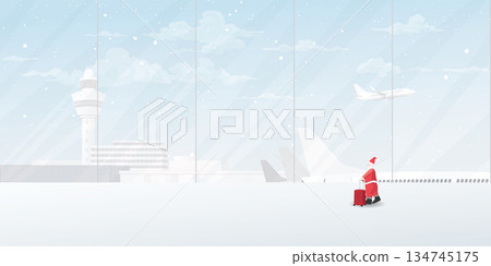 Santa Claus with luggage at the airport's terminal have plane, airport traffic control tower and snowfall through windows graphic illustration. 134745175
