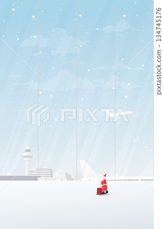 Santa Claus with luggage at the airport's terminal have plane, airport traffic control tower and snowfall through vertical windows graphic illustration. Santa Claus with luggage at the airport's terminal have plane, airport traffic control tower and snowfall through vertical windows graphic illustration. 134745176