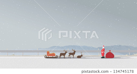 Minimalist countryside landscape in winter season with snowfall have Santa Clause and lazy reindeers on the local road graphic illustation. Merry Christmas greeting card template have blank space. 134745178