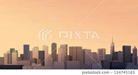 Skyscraper front view with sunset sky background graphic illustration have blank space. 134745183
