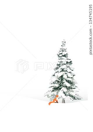 Minimalist snowscape have lonely pine tree and fox with white vertical background graphic illustration. Merry Christmas and Happy New Year greeting card template have blank space. 134745195