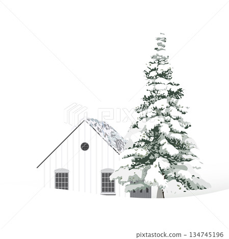 Minimalist snowscape have lonely pine tree and log cabin with white background graphic illustration. Merry Christmas and Happy New Year greeting card square template have blank space. 134745196