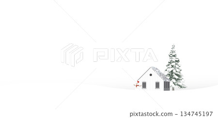 Minimalist snowscape have lonely pine tree, log cabin and snowman with white background graphic illustration. Merry Christmas and Happy New Year greeting card template have blank space. Minimalist snowscape have lonely pine tree, log cabin and snowman with white background graphic illustration. Merry Christmas and Happy New Year greeting card template have blank space. 134745197