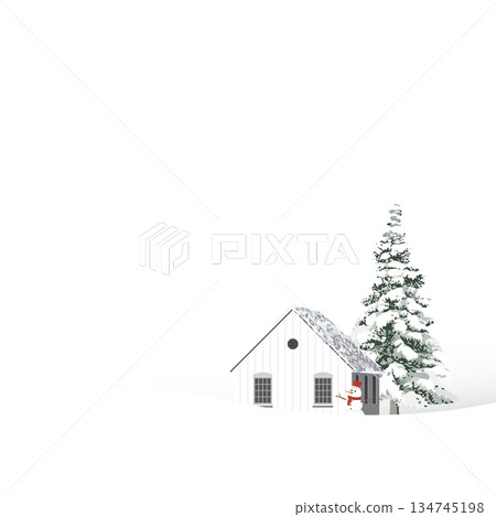 Minimalist snowscape have lonely pine tree, log cabin and snowman with white background graphic illustration. Merry Christmas and Happy New Year greeting card square template have blank space. 134745198