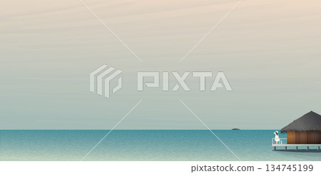 Minimalist sunset seascape with overwater bungalow graphic illustration have blank space. Minimalist sunset seascape with overwater bungalow graphic illustration have blank space. 134745199