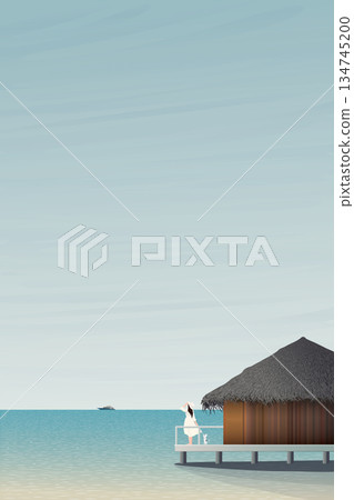 Minimalist seascape with overwater bungalow and blue sky vertical background graphic illustration have blank space. 134745200