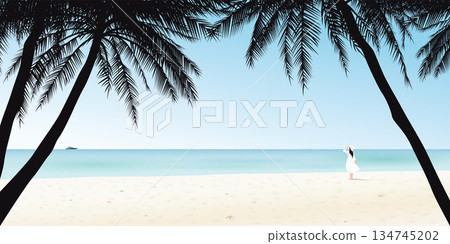 Minimalist seascape with silhouette palm trees and a woman at the beach graphic illustration have blank space. Minimalist seascape with silhouette palm trees and a woman at the beach graphic illustration have blank space. 134745202