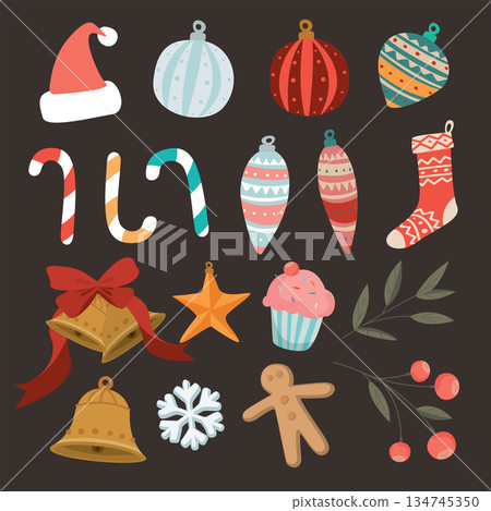 Colorful Christmas decoration elements isolated hand drawn childish style graphic illustration. Colorful Christmas decoration elements isolated hand drawn childish style graphic illustration. 134745350
