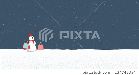 Snowman with shopping bags in Christmas eve at minimalist snowscape graphic illustration have blank space. Merry Christmas greeting card template. Snowman with shopping bags in Christmas eve at minimalist snowscape graphic illustration have blank space. Merry Christmas greeting card template. 134745354