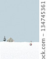 Minimalist snowscape have a woman holding a lot of shopping bags walking back to home graphic illustration. 134745361