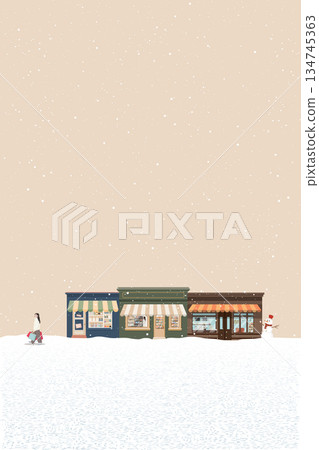 Minimalist snowscape have a woman holding a lot of shopping bags walking from retail store graphic illustration. 134745363