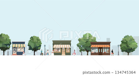 Minimalist cityscape winter season have people holding a lot of shopping bags walking from retail store graphic illustration. 134745364