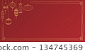 Chinese new year decoration frame with lantern hand drawn childish style on red horizontal background  134745369
