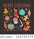 Christmas elements hand drawn childish style on brown background graphic illustration. Merry Christmas greeting card square template. 134745374