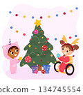 Multiethnic children decorate the Christmas tree 134745554
