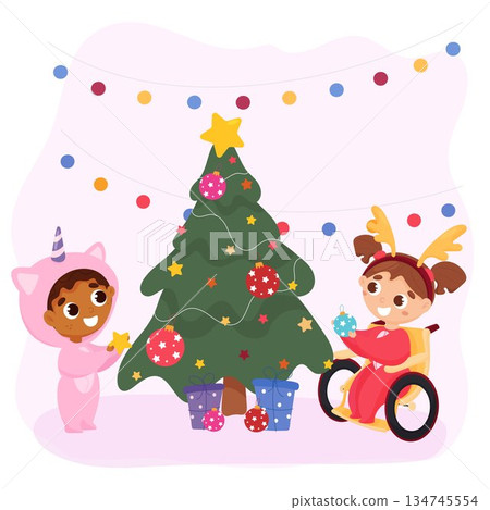 Multiethnic children decorate the Christmas tree 134745554