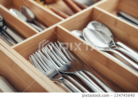 Bamboo box with cutlery in drawer Bamboo box with cutlery in drawer 134745640