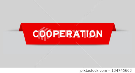 Red color inserted label with word cooperation on gray background 134745663