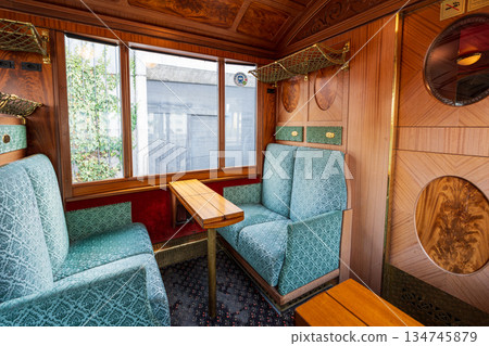 Retro interior of the Golden Pass Line Belle Epoque train, Montreux, canton of Vaud, Switzerland Retro interior of the Golden Pass Line Belle Epoque train, Montreux, canton of Vaud, Switzerland 134745879
