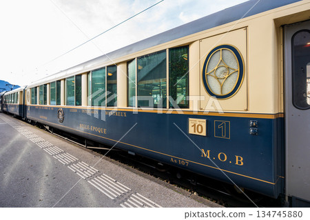 Exterior of the Golden Pass Line Belle Epoque train at a station in Montreux, canton of Vaud, Switzerland Exterior of the Golden Pass Line Belle Epoque train at a station in Montreux, canton of Vaud, Switzerland 134745880