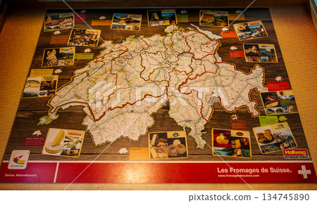 Display of a map showing the regions and varieties of Swiss cheese produced in Gruyères, Canton of Fribourg, Switzerland Display of a map showing the regions and varieties of Swiss cheese produced in Gruyères, Canton of Fribourg, Switzerland 134745890