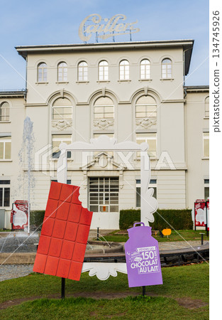 The white building of the Maison Cailler chocolate factory with its brand sign. Brock, Canton of Fribourg, Switzerland 134745926