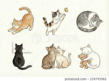 【水彩風格】可愛貓咪姿勢6張套裝 No.3 134745962