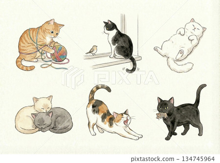 【水彩風格】可愛貓咪姿勢6張套裝 No.5 134745964