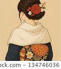 Back view of a woman wearing a kimono, winter, shawl 134746036
