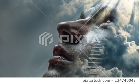 一張男人的臉與通往天空的階梯融為一體，象徵著希望和對精神的追尋。 134746042