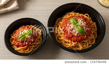 標準尺寸和特大尺寸義大利麵的近距離對比 134746446